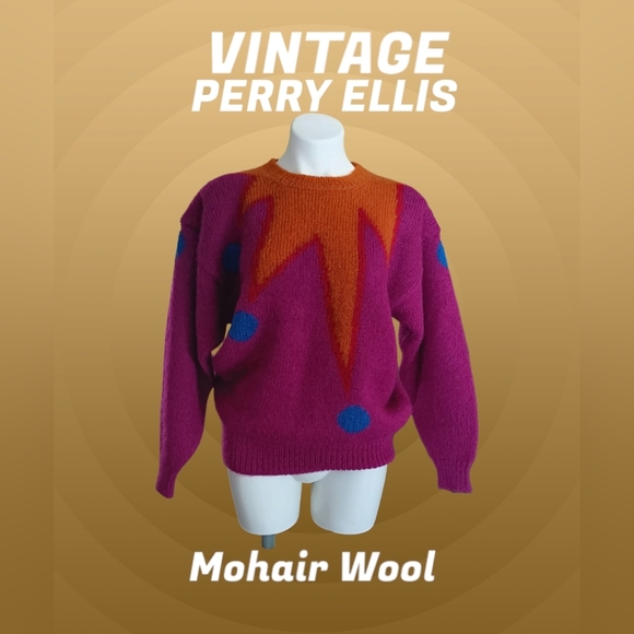 Perry Ellis VTG Fall Collection Colorful Vibrant Mohair Wool Jester Sweater RARE - Picture 1 of 9